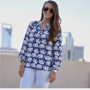 Lilly Pulitzer Elsa Elephant 100% Silk Blouse Top Resort Novelty Cruise Vacation